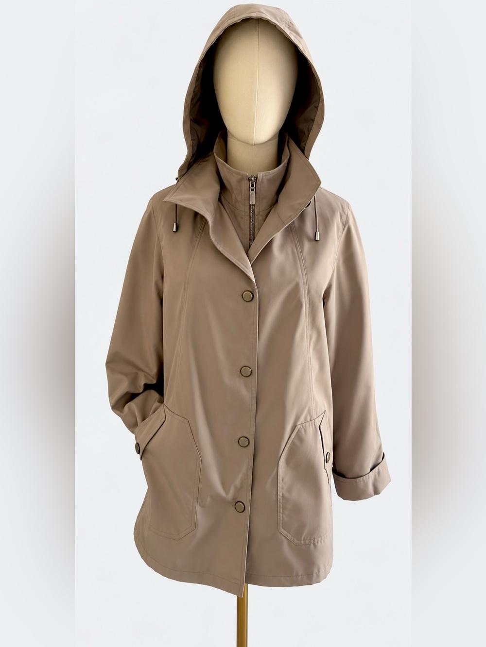 Gallery Taupe Hooded Rain Trench Coat w/ Removable Fleece Liner Women’s Size S